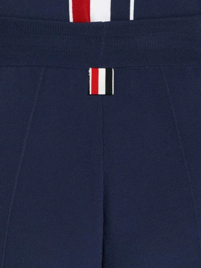 Women Stretch Viscose Intarsia Side Stripe Pintuck Midthigh Shorts Navy Thom Browne Sweats