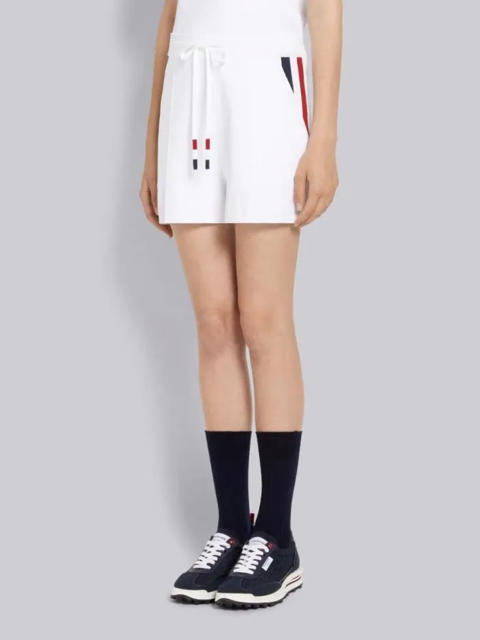 Women Stretch Viscose Intarsia Side Stripe Pintuck Midthigh Shorts White Thom Browne Sweats