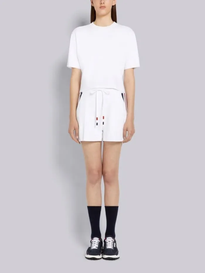 Women Stretch Viscose Intarsia Side Stripe Pintuck Midthigh Shorts White Thom Browne Sweats