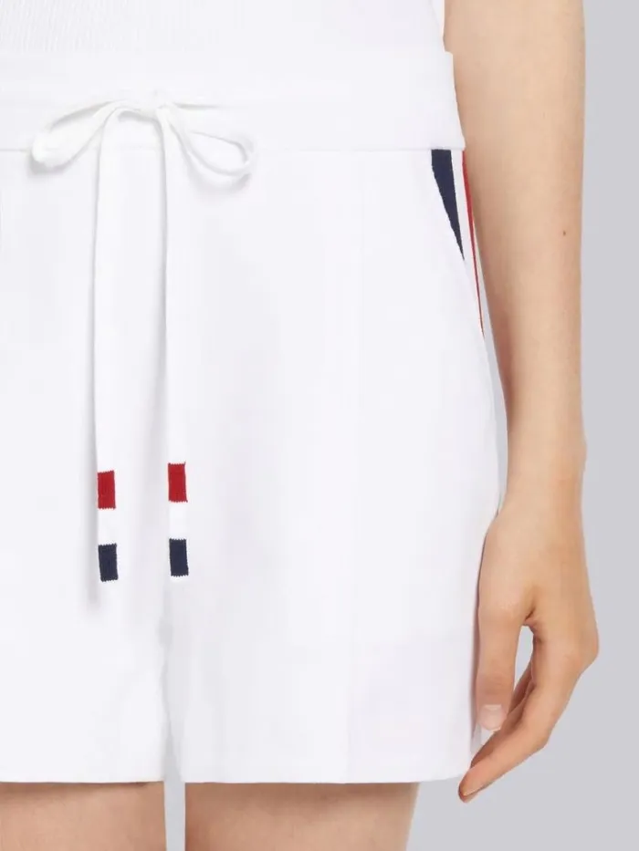 Women Stretch Viscose Intarsia Side Stripe Pintuck Midthigh Shorts White Thom Browne Sweats