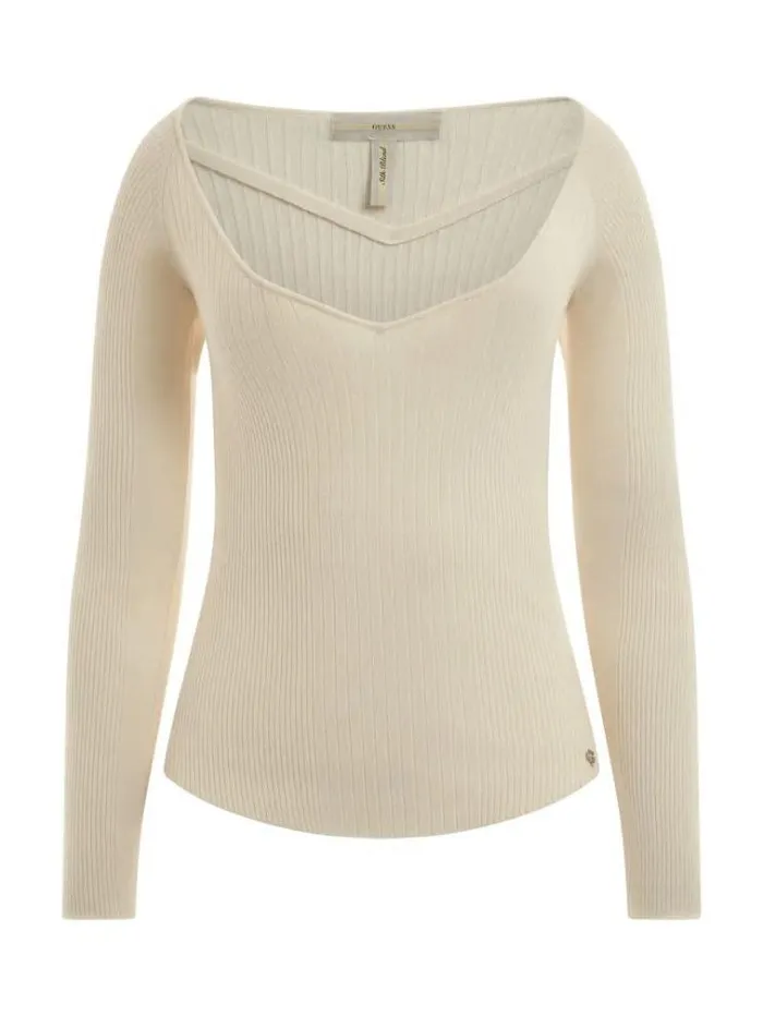 Women Sweetheart Neck Sweater White Guess Knitwear And Sweatshirts