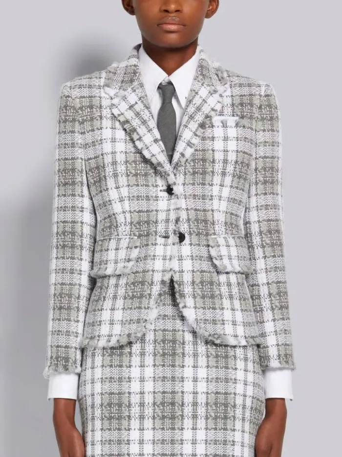 Women Tartan Check Tweed Frayed High Armhole Sport Coat Medium Grey Thom Browne Jackets Women Tartan Check Tweed Frayed High Armhole Sport Coat Medium Grey Thom Browne Jackets