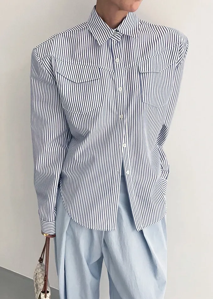 Women Tops The Frankie Shop Jeanne Padded Shirt 8211 Navy Stripe
