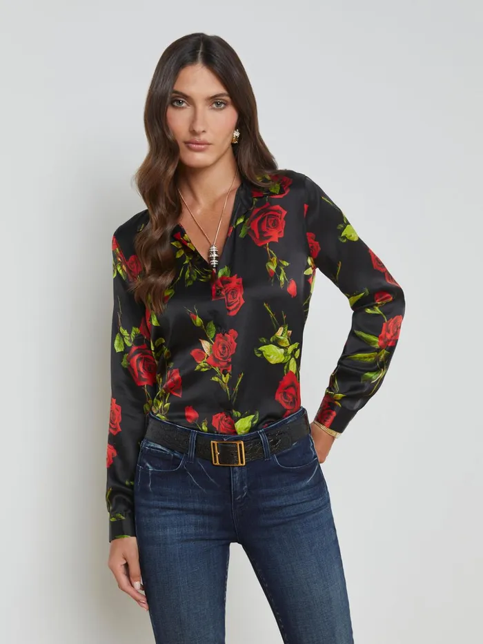 Women Tyler Silk Blouse Black Multi Romantic Rose L039Agence Blouses and Tops